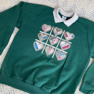 Vintage Sweatshirt 80s Collared Pastel Kitschy Quilt Hearts Pattern Grannycore